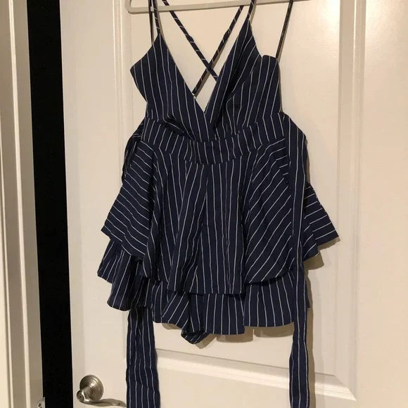 Lulu’s Ruffle and Flow Navy Blue Striped Backless Ruffle Romper - Picture 7 of 10